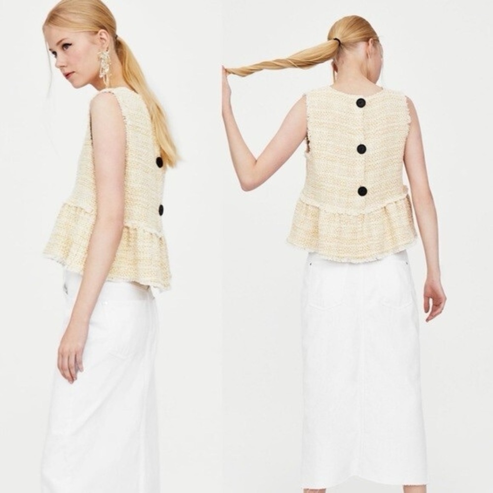Zara Tweed Yellow Peplum Tank with button details